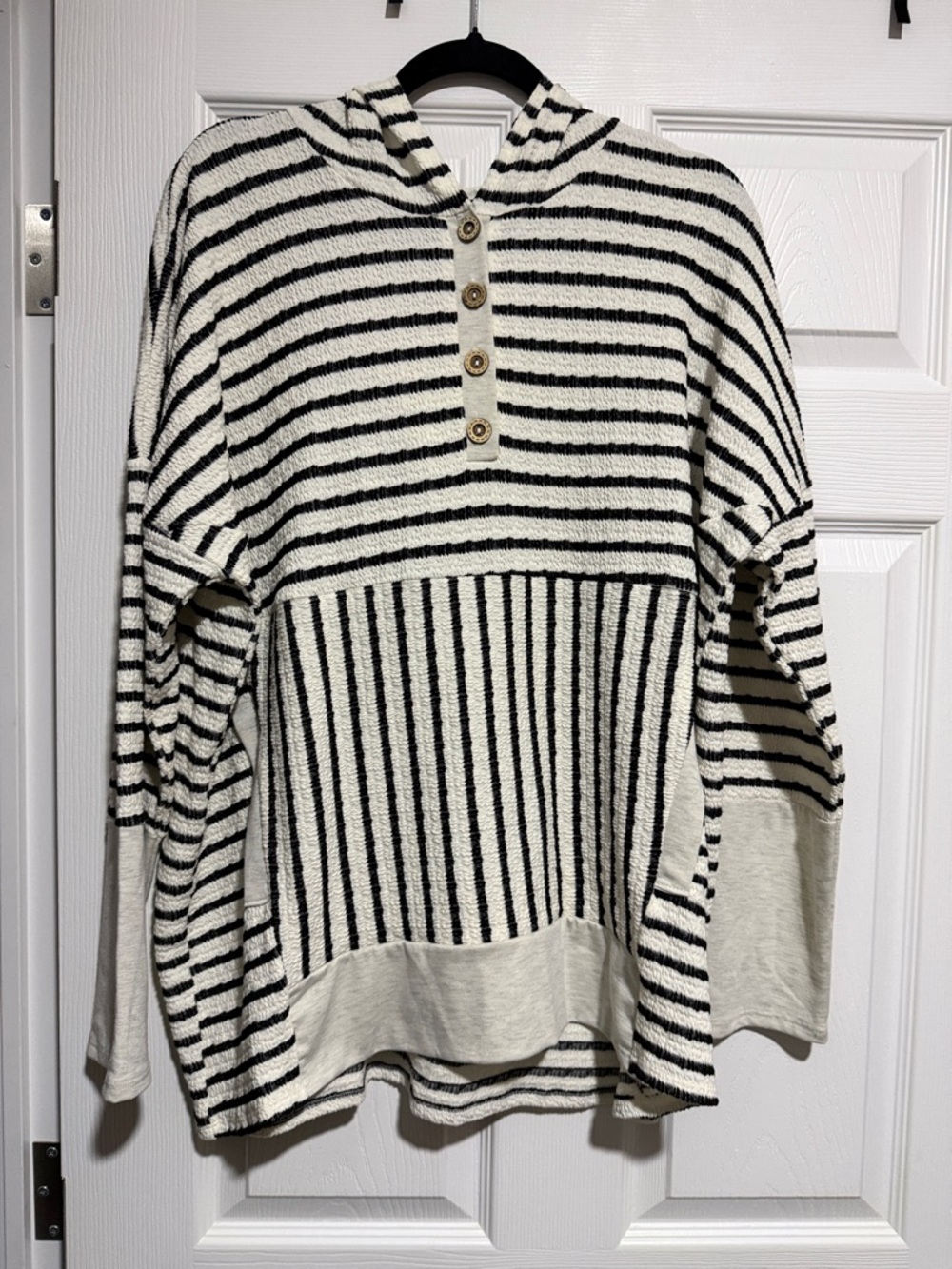 Striped Hooded Pullover with Button Placket - Black & Cream